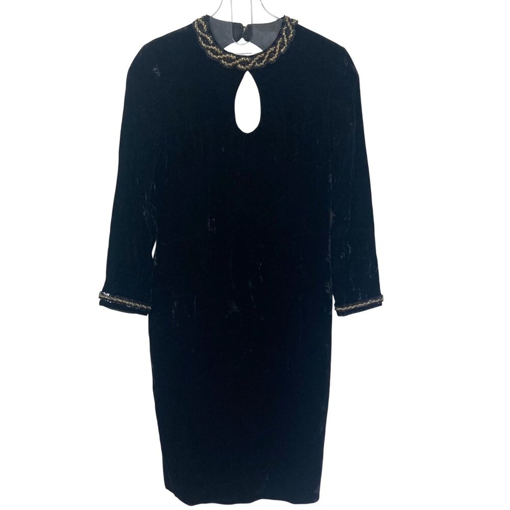 Vintage AJ Bari Black Velvet Dress Womens 8 Gold Trim Keyhole Back Witchy Goth